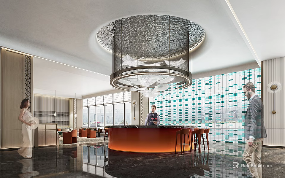 Elegant Modern Hotel Lobby Interior With Circular Ceiling Fixture Reception Counter And Glass Wall 3d model 