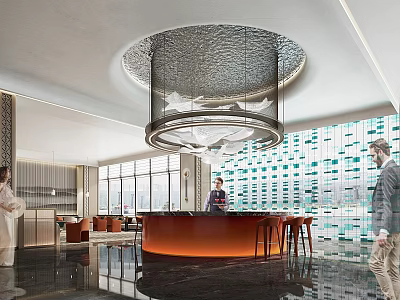 Elegant Modern Hotel Lobby Interior With Circular Ceiling Fixture Reception Counter And Glass Wall 3d model