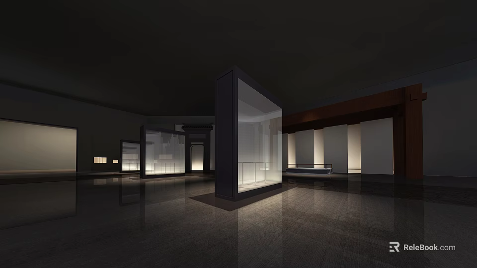 Spacious Exhibition Hall Interior With Illuminated Glass Display Cases And Smooth Reflective Floor 3d model 