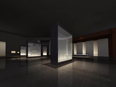 Spacious Exhibition Hall Interior With Illuminated Glass Display Cases And Smooth Reflective Floor 3d model