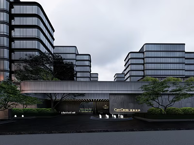 Modern Commercial Complex With Glass Curtain Walls Multi Storey Entrance Canopy Greenery and Landscape Lighting 3d model