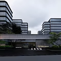Modern Commercial Complex With Glass Curtain Walls Multi Storey Entrance Canopy Greenery and Landscape Lighting