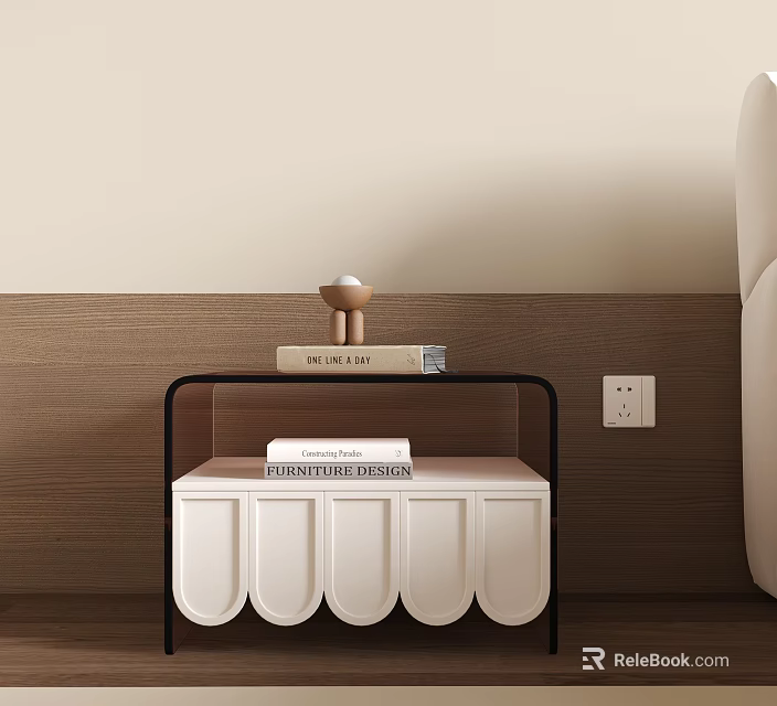 Modern White Bedside Table With Wooden Panel And Decorative Items On Top 3d model