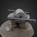 Traditional Stone Mill With Wooden Frame Stone Base and Ancient Grinding Tool