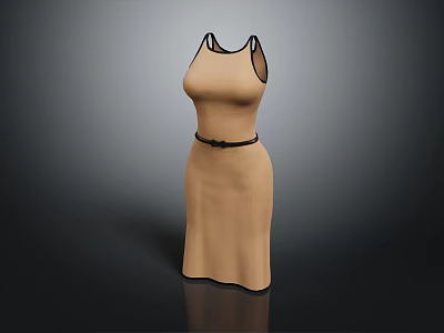 Elegant Beige Sleeveless Dress Sculpture with Black Belt and 3D Design Details 3d model