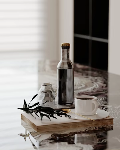 Elegant Decorative Ornament Set With Clear Glass Bottle Small Jar White Mug And Green Leaves 3d model