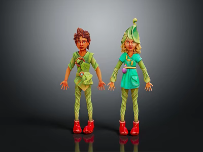 Two Plant Inspired Characters In Green Costumes With Leaf Bud Designs And Red Shoes 3d model