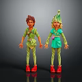 Two Plant Inspired Characters In Green Costumes With Leaf Bud Designs And Red Shoes