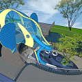 Outdoor Children's Play Area Featuring Blue Elephant Structure Spiral Slide And Green Trees