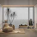 Home Balcony Interior With Beige Armchair Rug Palm Trees Cactus Washing Machine And Blinds