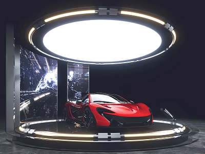 Modern Display Showcase Featuring Red Sports Car And Circular Lighting Design 3d model