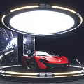 Modern Display Showcase Featuring Red Sports Car And Circular Lighting Design