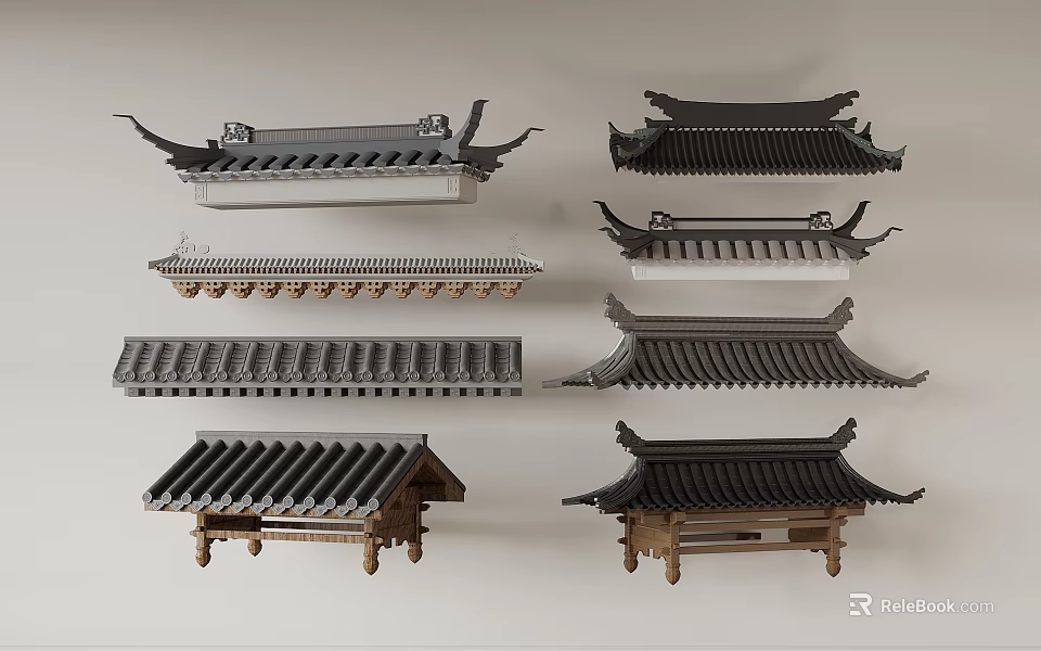 Traditional Chinese Architectural Roof Components With Different Eaves And Tile Styles 3d model 