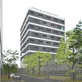 Modern Office Building With Glass Curtain Wall Surrounded by Trees Under Blue Sky