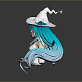 Game and Movie Character With Blue Long Hair White Hat Pink Accents and White Outfit