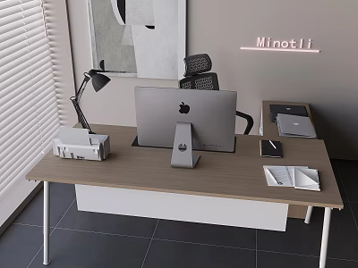 Modern Office Desk And Chair Set With Wooden Tabletop White Legs Computer And Lamp 3d model