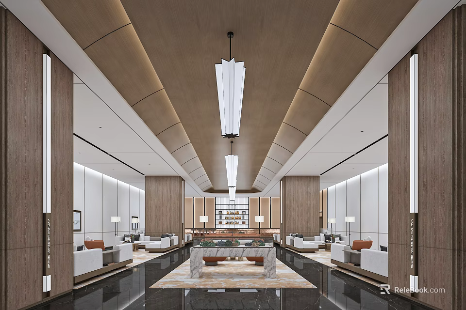 Modern Luxury Sales Office Lobby With Chandeliers Sofas Marble Floor And Wooden Walls 3d model 