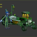 Cartoon Character In Green Outfit With Hat Standing Next To Yellow Green Mechanical Vehicle