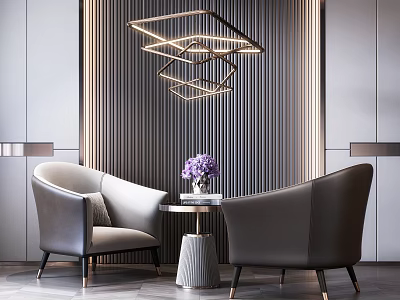 Modern Gray Leisure Sofa Set with Round Side Table Purple Flowers and Geometric Pendant Light 3d model