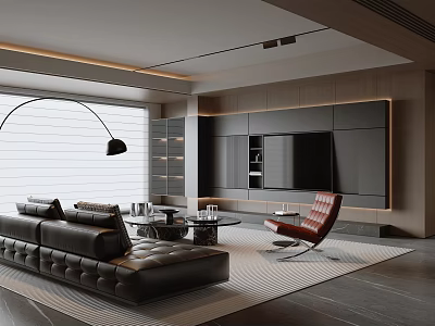 Modern Living Room Interior Design With Black Leather Sofa And Red Accent Chair 3d model