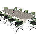 Oval Wooden Conference Table With Green Backrest Wheeled Chairs And Laptop