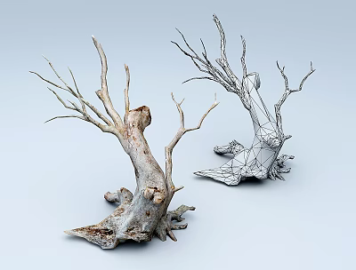 Dry Arbor Tree Trunks With Natural Texture And Wireframe Model Design 3d model