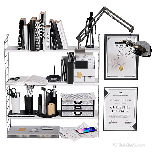 Organized Office Shelf With Books Lamp Certificates And Stationery Items 3d model 
