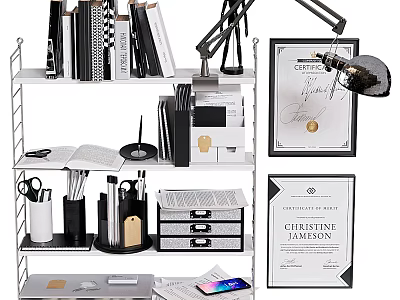 Organized Office Shelf With Books Lamp Certificates And Stationery Items 3d model