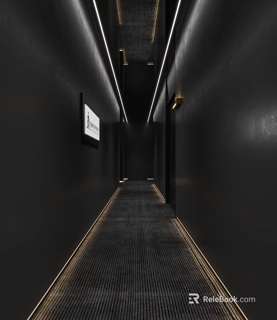 Modern Hotel Corridor Interior With Black Walls Carpet And LED Strip Lighting 3d model 