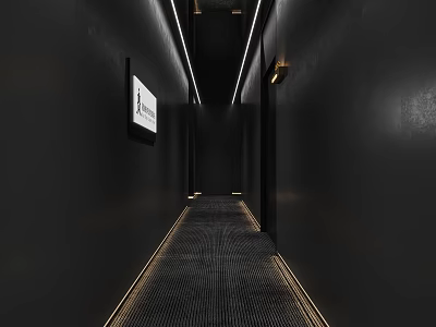 Modern Hotel Corridor Interior With Black Walls Carpet And LED Strip Lighting 3d model