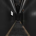 Modern Hotel Corridor Interior With Black Walls Carpet And LED Strip Lighting