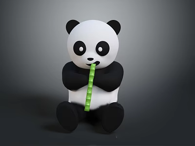 Cute Cartoon Black and White Panda Game Movie Character Sitting Holding Green Bamboo 3d model