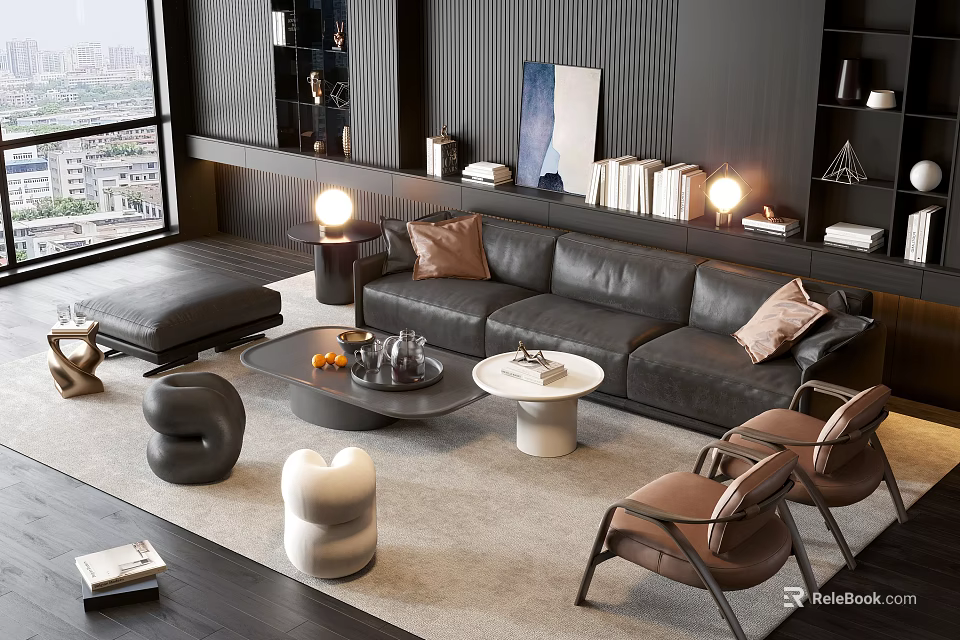 Modern Living Room Black Leather Sofa Coffee Table Set With Throw Pillows And Floor Lamps 3d model 