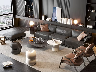 Modern Living Room Black Leather Sofa Coffee Table Set With Throw Pillows And Floor Lamps 3d model