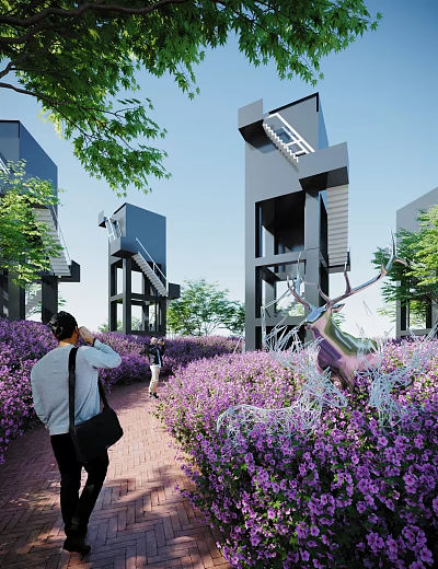 Scenic Path Facilities With Modern Black Buildings Staircases Deer Sculpture Purple Flowers And Trees 3d model