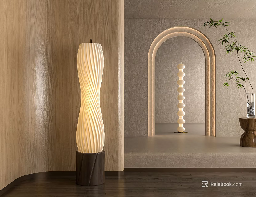 Modern Floor Lamp with Swirl Shade and Dark Base in Modern Interior Near Arched Doorway 3d model 