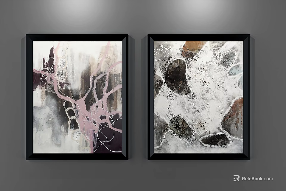 Abstract Paintings With Pink Purple Strokes Black Brown Textures In Black Frames On Gray Wall 3d model 