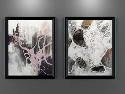 Abstract Paintings With Pink Purple Strokes Black Brown Textures In Black Frames On Gray Wall 3d model