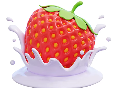 Fresh Red Strawberry with Green Leaves Yellow Seeds and Milk Splashes 3d model