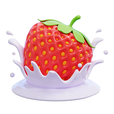 Fresh Red Strawberry with Green Leaves Yellow Seeds and Milk Splashes 3d model