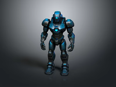 Blue Futuristic Mech Robot With Metallic Armor And Glowing Chest Light 3d model