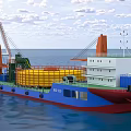 Vessel With Crane And Containers Sailing On Calm Blue Water Under Cloudy Sky