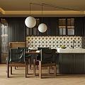 Modern Restaurant Interior With Dark Wood Cabinets Leather Chairs And Pendant Lights