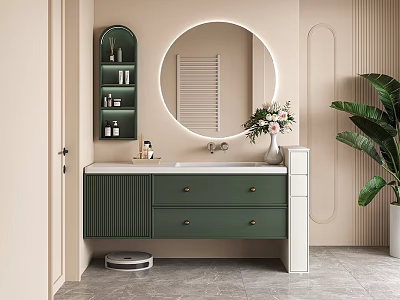 Modern Bathroom Interior Design With Green Vanity Round Mirror Shelf Flower Vase And Potted Plant 3d model