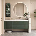 Modern Bathroom Interior Design With Green Vanity Round Mirror Shelf Flower Vase And Potted Plant