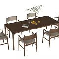 Wooden Dining Table Set With Six Upholstered Chairs Fruit Bowl Book And Green Plant