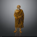 Elderly Man In Brown Robe Holding Walking Stick Standing Against Gray Background