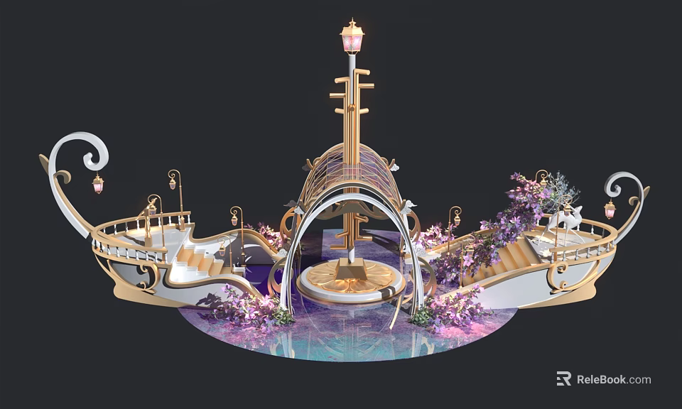 Enchanting Romantic Scene With Boat Shaped Structures Golden Lanterns Purple Flowers And Circular Platform 3d model 