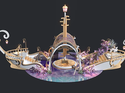 Enchanting Romantic Scene With Boat Shaped Structures Golden Lanterns Purple Flowers And Circular Platform 3d model