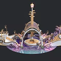 Enchanting Romantic Scene With Boat Shaped Structures Golden Lanterns Purple Flowers And Circular Platform